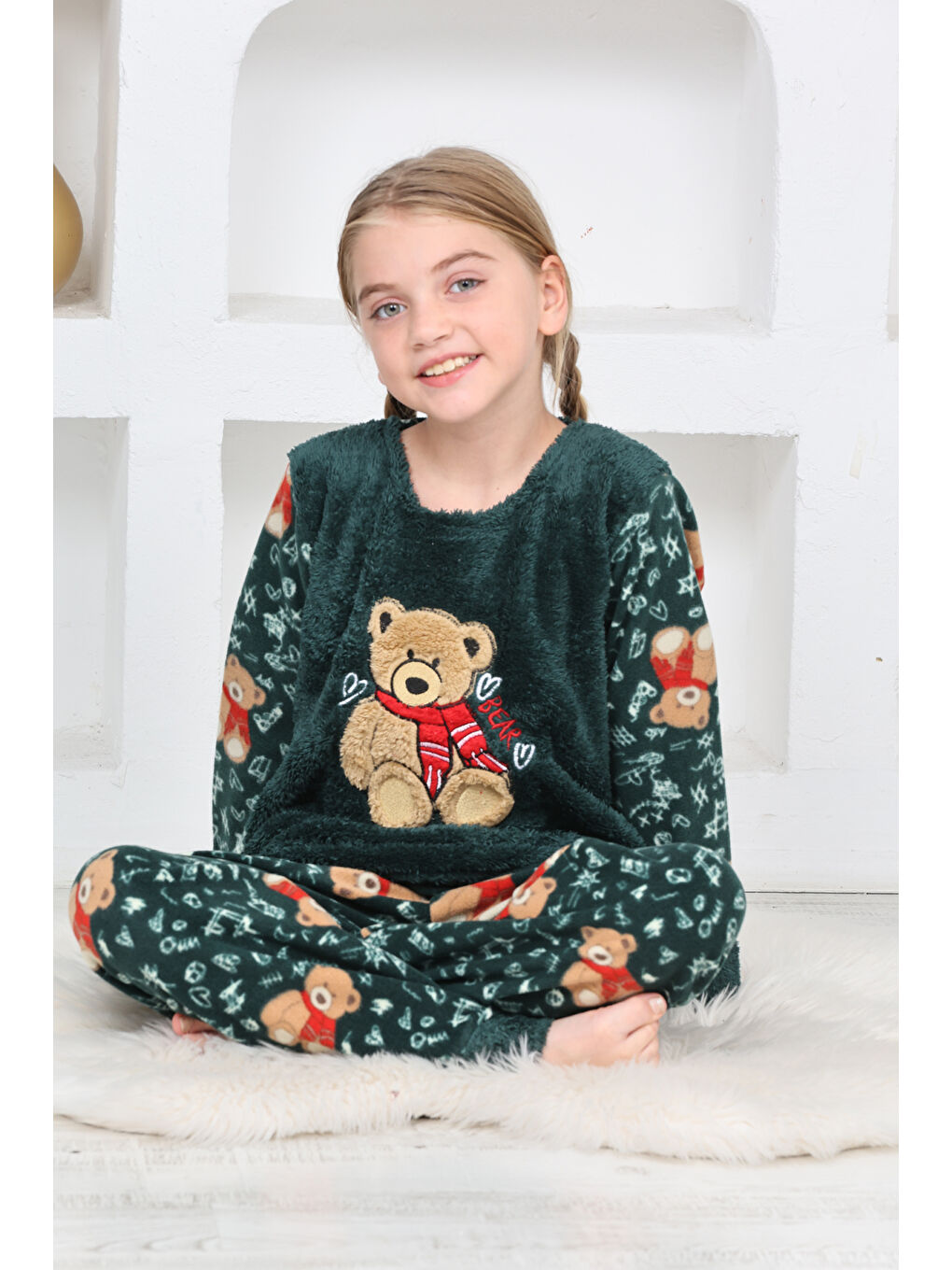Yeşil Kız Çocuk Welsoft Kumaş-Göz Bantlı Ayıcık Baskılı Pijama Takımı 12293-1
