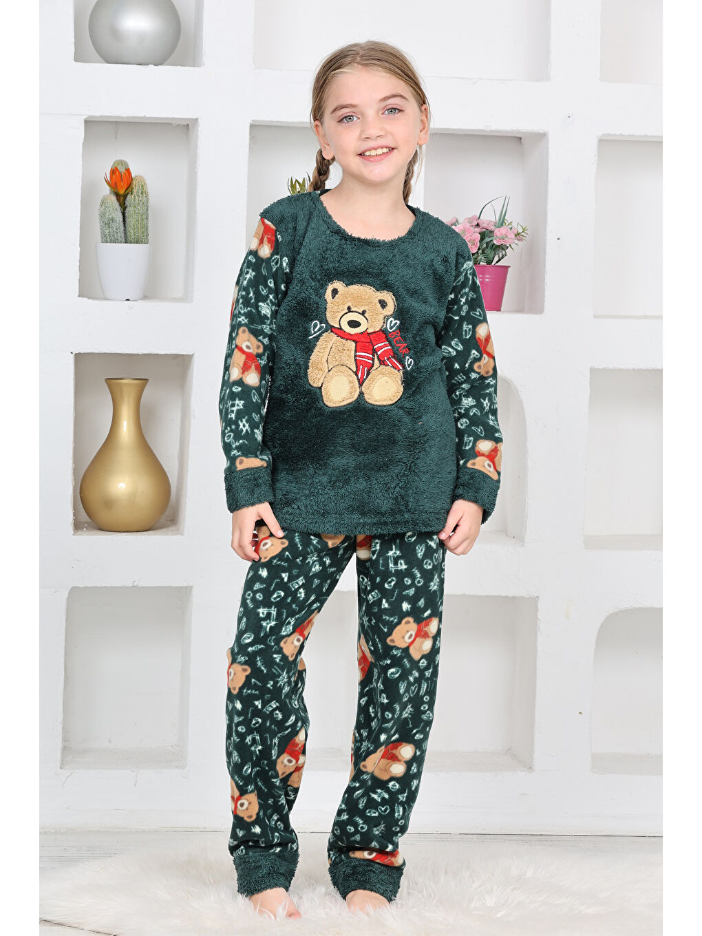 Yeşil Kız Çocuk Welsoft Kumaş-Göz Bantlı Ayıcık Baskılı Pijama Takımı 12293-2