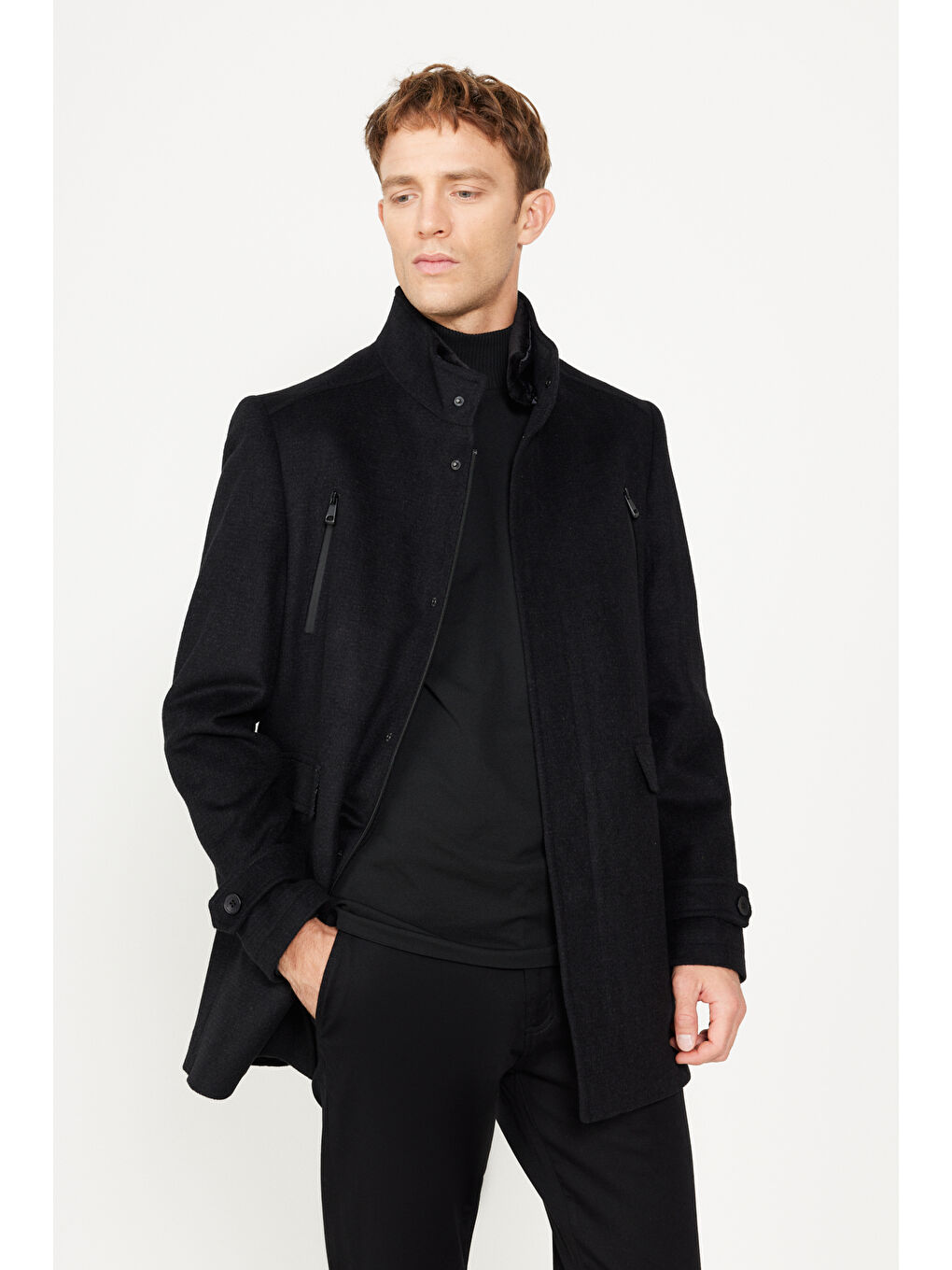 Erkek Siyah Standart Fit Normal Kesim Gömlek Yaka Yünlü Desenli Palto-2