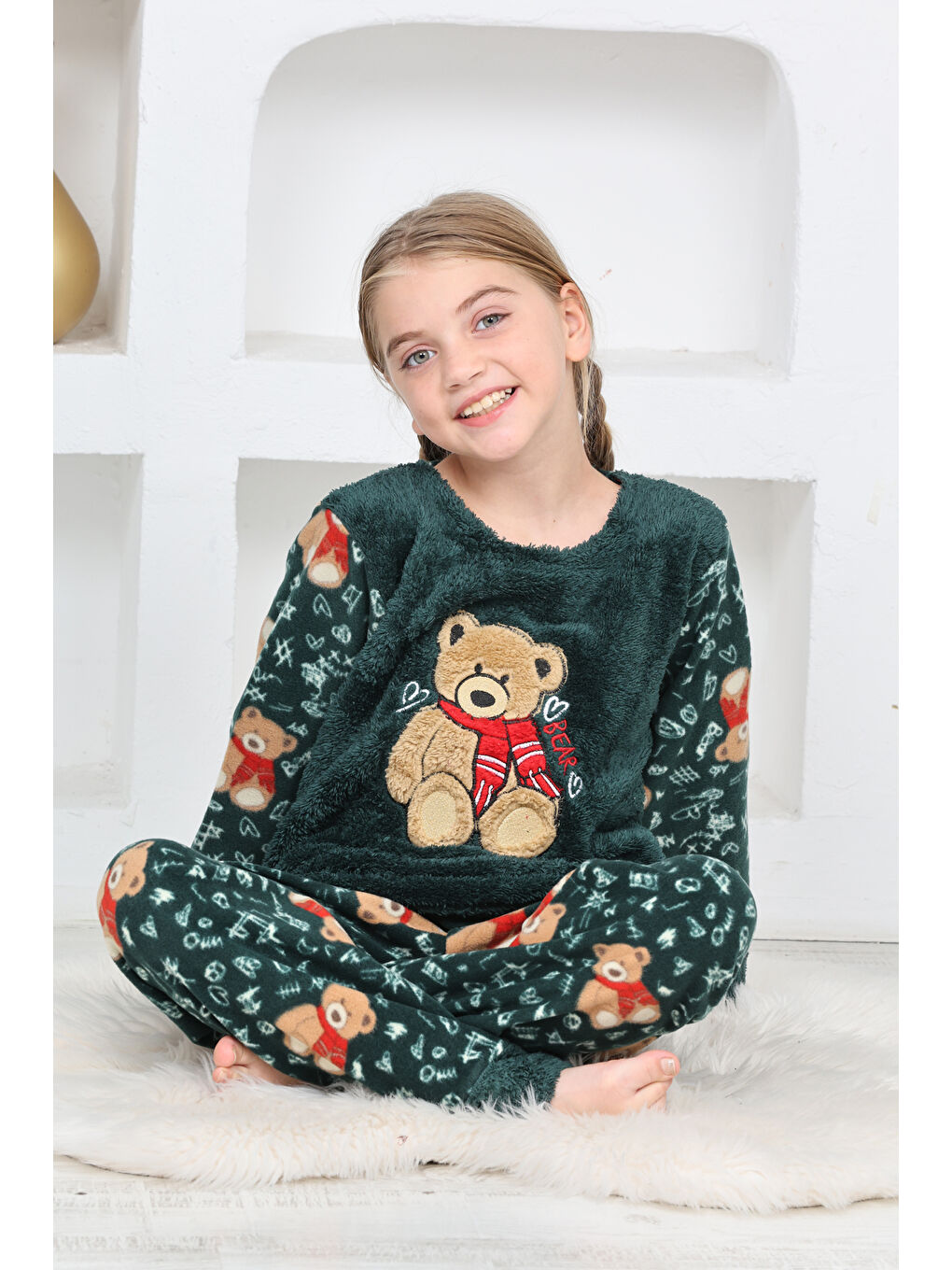 Yeşil Kız Çocuk Welsoft Kumaş-Göz Bantlı Ayıcık Baskılı Pijama Takımı 12293-3