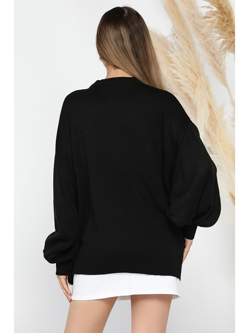 Siyah Kadın Bisiklet Yaka Taşlı Salaş Triko Kazak-2