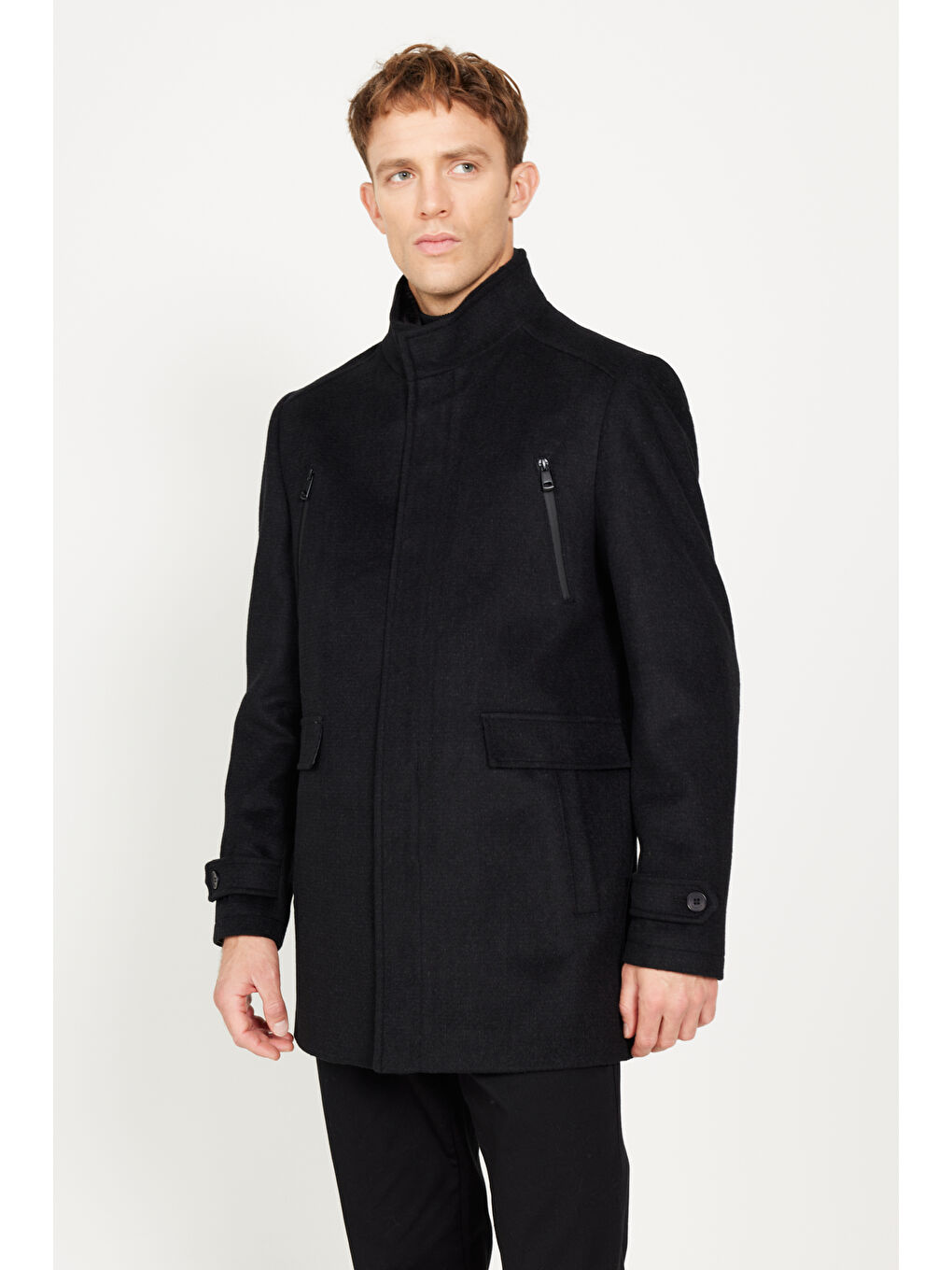 Erkek Siyah Standart Fit Normal Kesim Gömlek Yaka Yünlü Desenli Palto-5