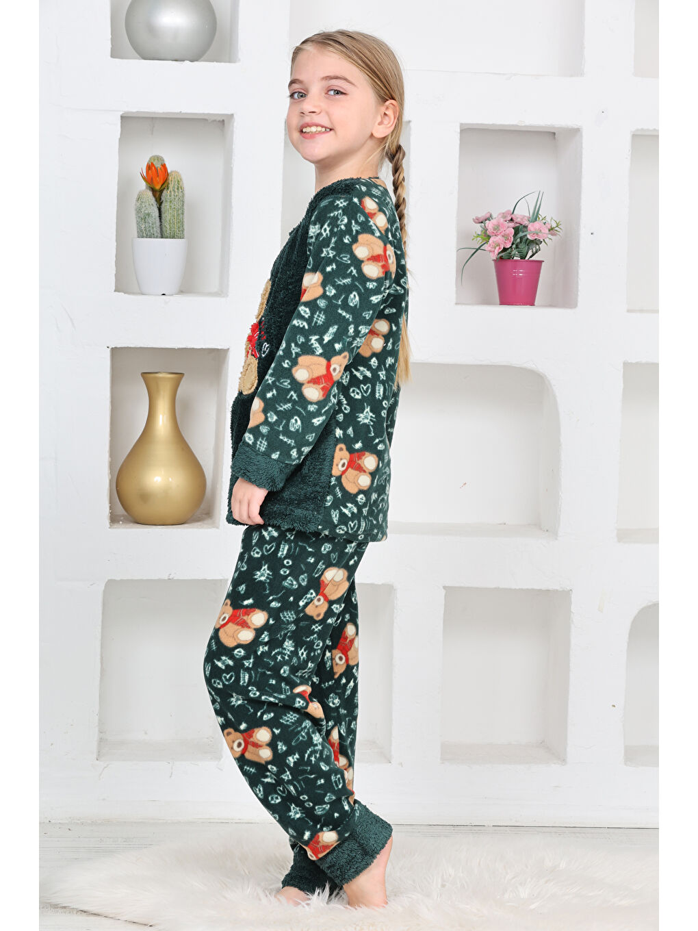 Yeşil Kız Çocuk Welsoft Kumaş-Göz Bantlı Ayıcık Baskılı Pijama Takımı 12293-4