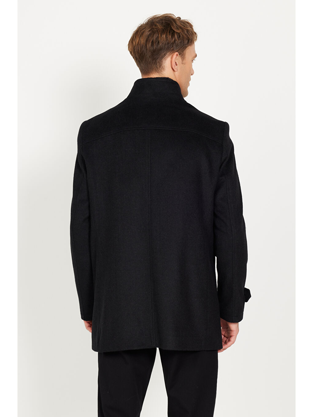 Erkek Siyah Standart Fit Normal Kesim Gömlek Yaka Yünlü Desenli Palto-7