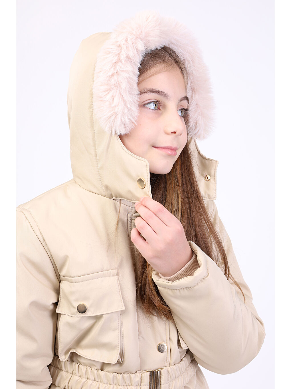 Bej Kız Çocuk Kapüşonlu İçi Kürklü Mont-2