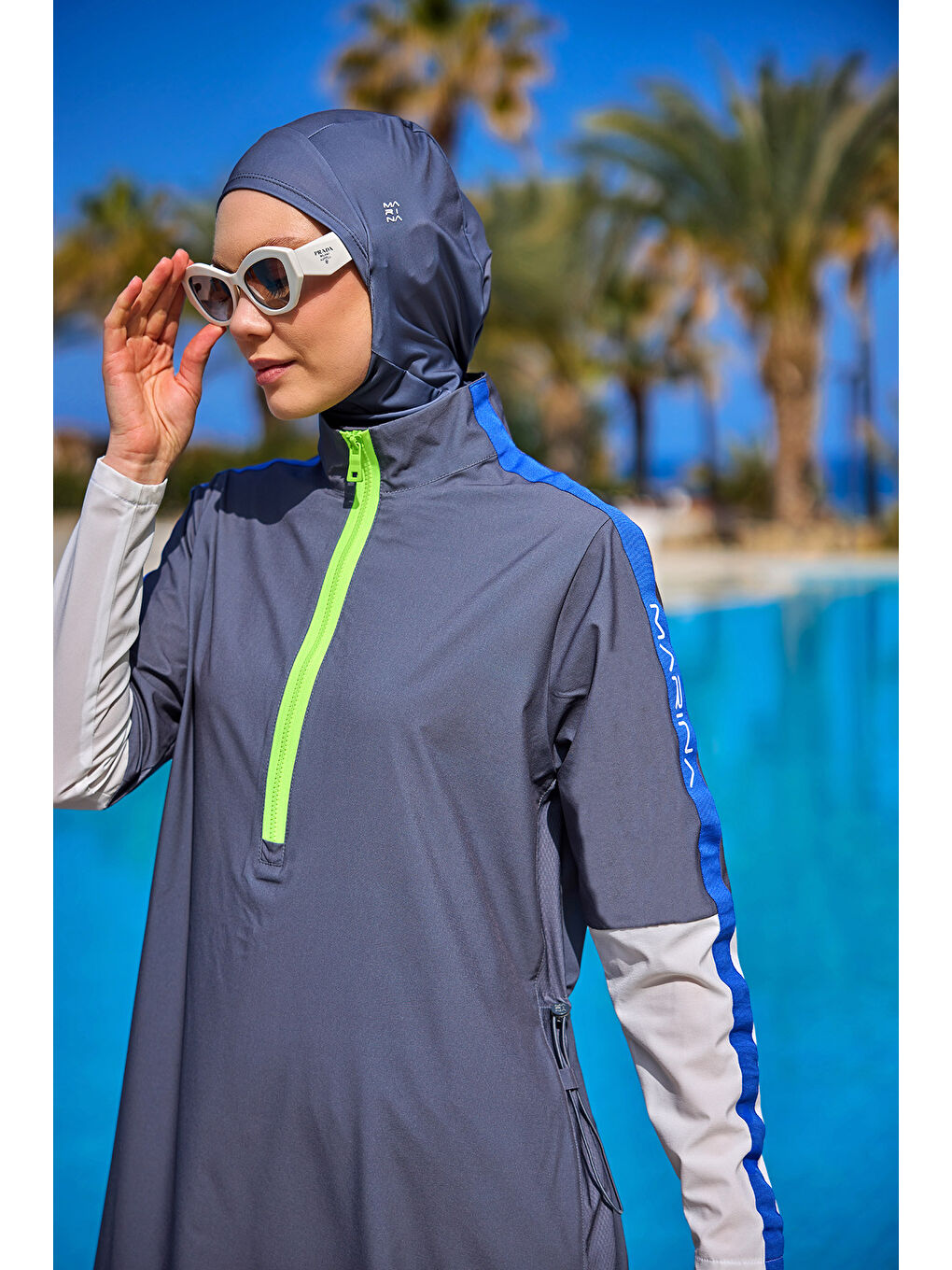 Gri Tam Kapalı Tesettür Mayo M2514 Füme-2