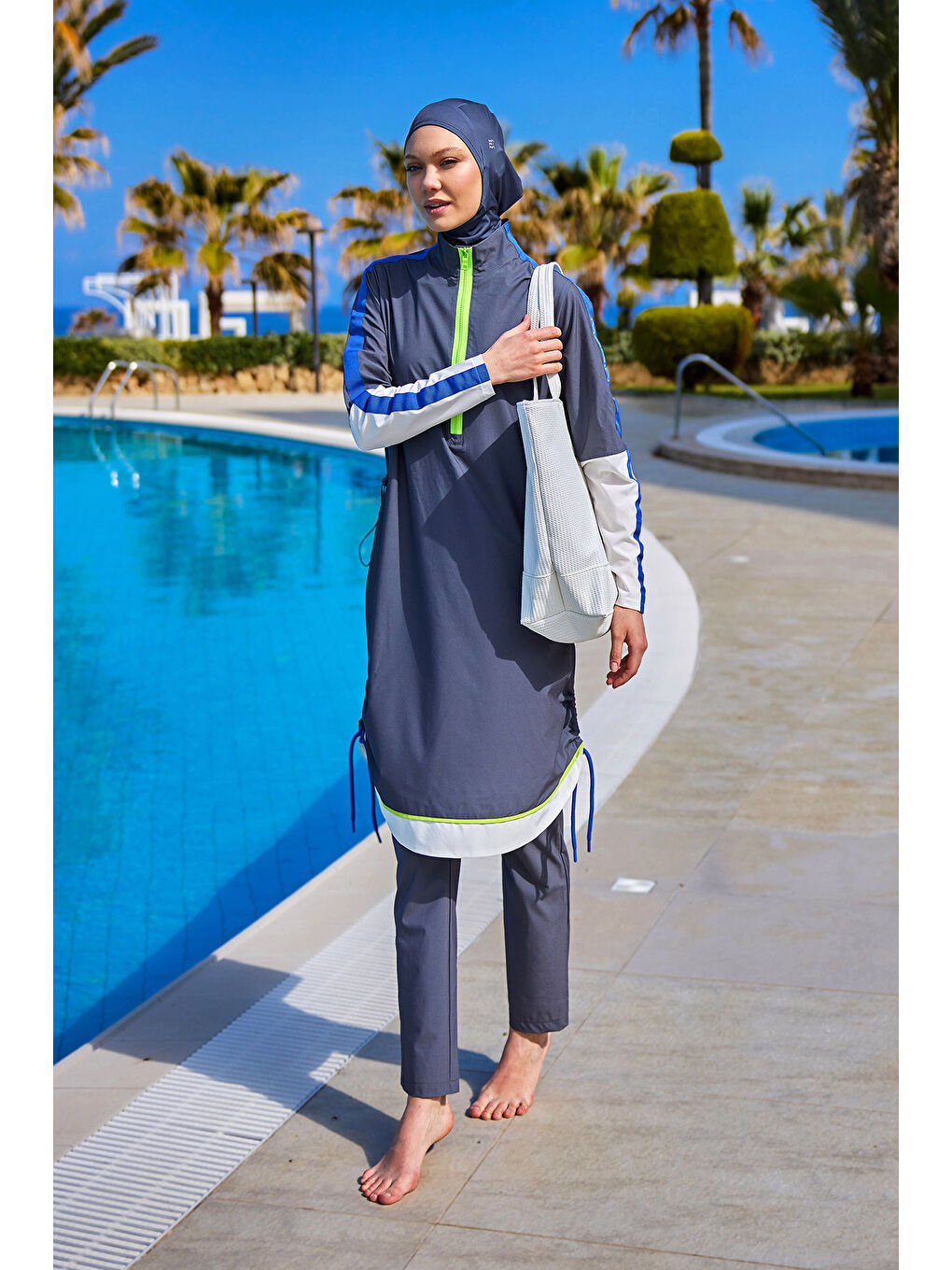 Gri Tam Kapalı Tesettür Mayo M2514 Füme-3