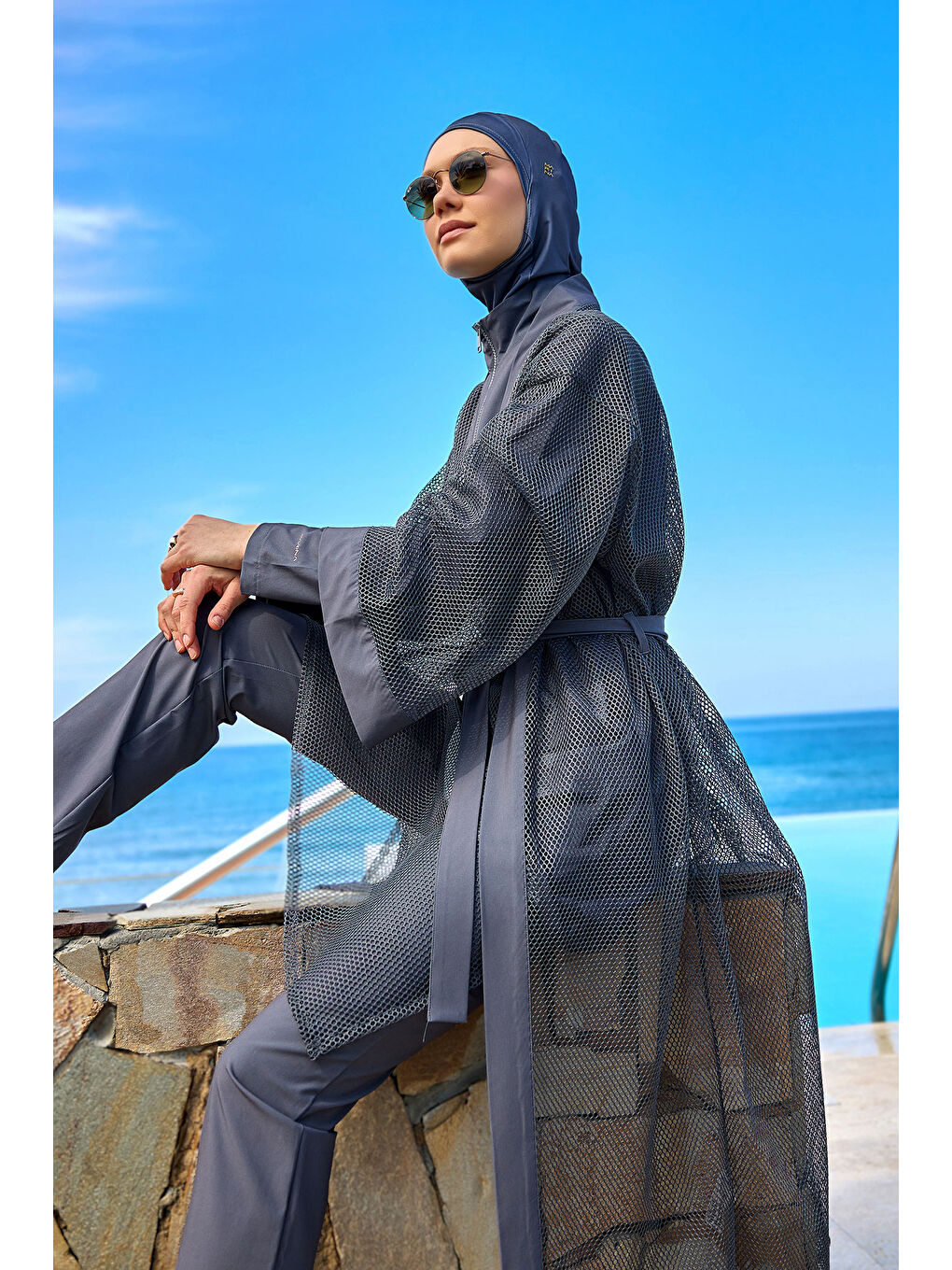 Gri Füme Tül Detaylı Pareo Kaftan  P2501-5