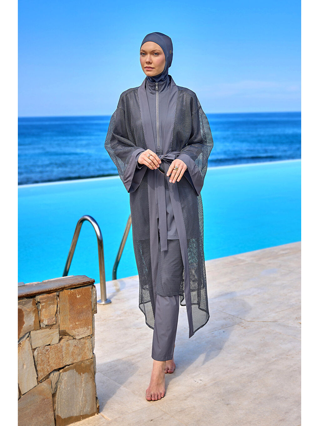Gri Füme Tül Detaylı Pareo Kaftan  P2501-5-1