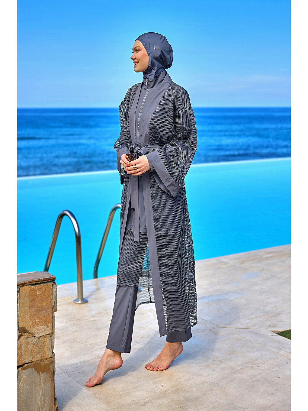 Gri Füme Tül Detaylı Pareo Kaftan  P2501-5-3