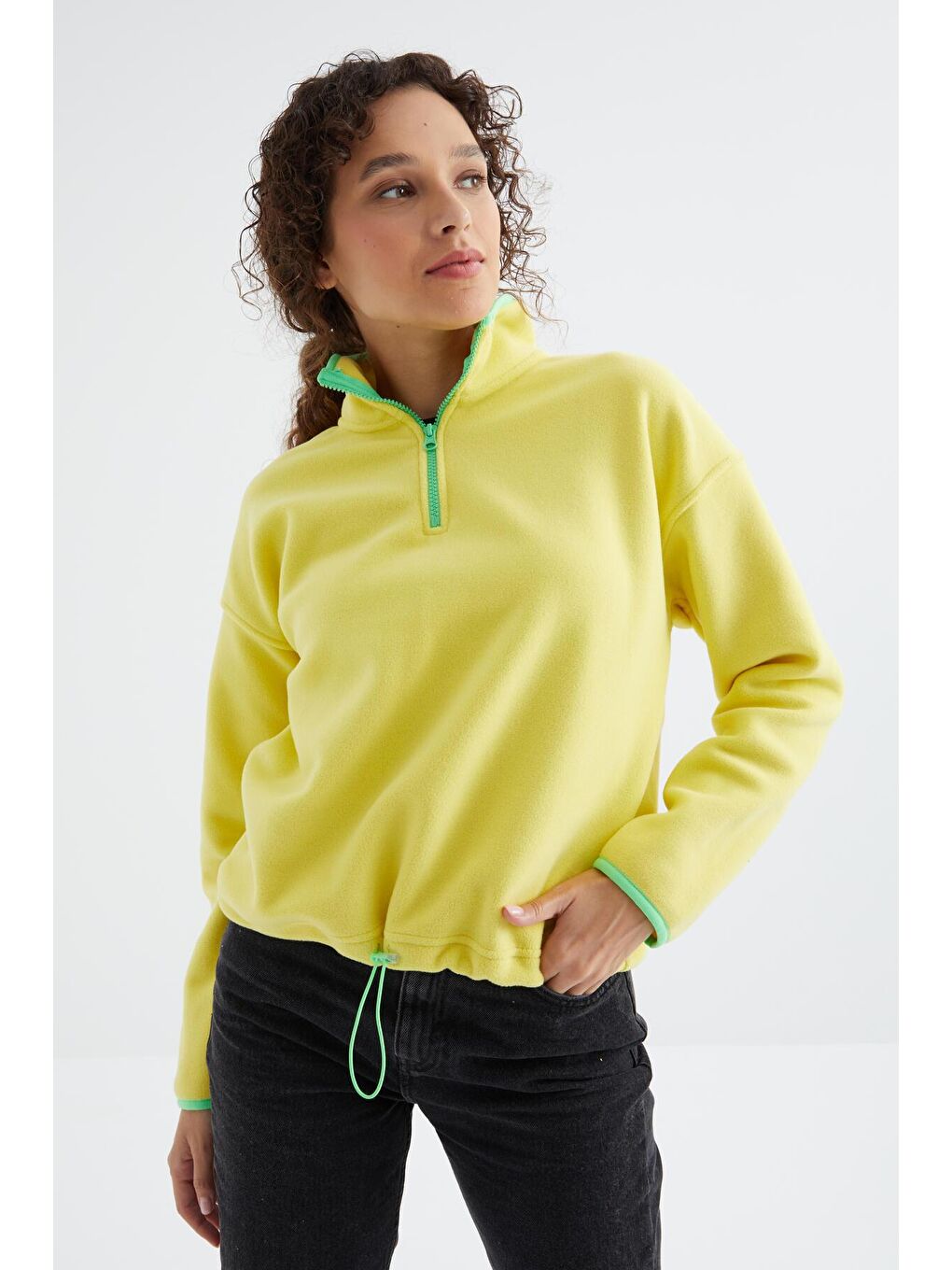 TOMMYLIFE Sarı Limon Yarım Fermuar Etek Ucu Büzgülü Dik Yaka Oversize Kadın Polar Sweatshirt - 97234 - 2