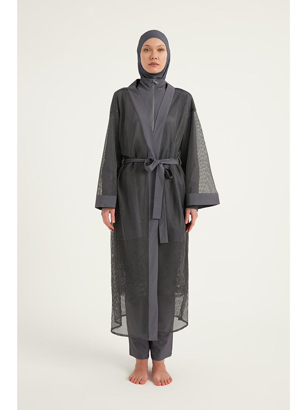 Gri Füme Tül Detaylı Pareo Kaftan  P2501-5-4