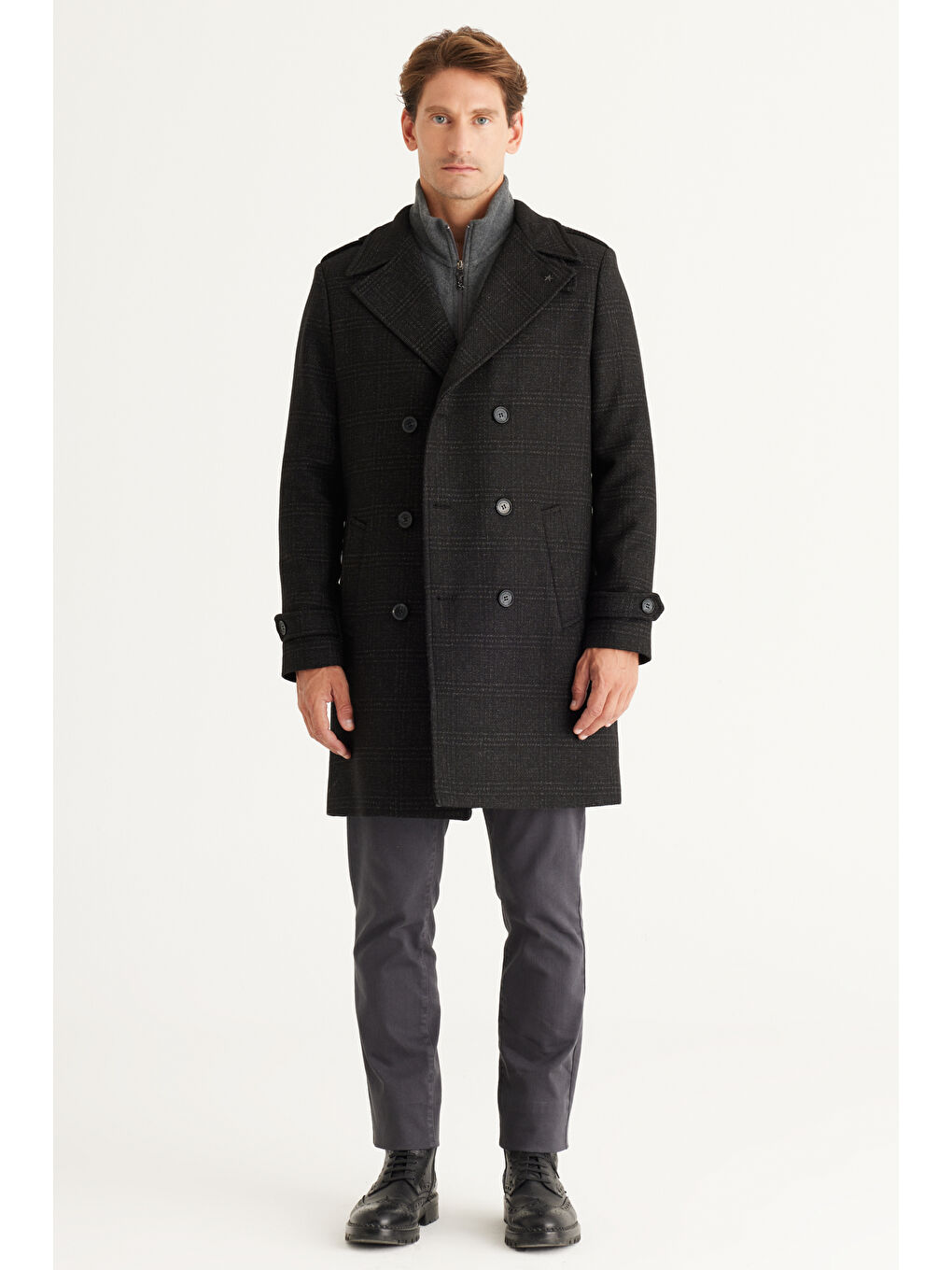 Erkek Siyah Standart Fit Normal Kesim Mono Yaka Desenli Palto