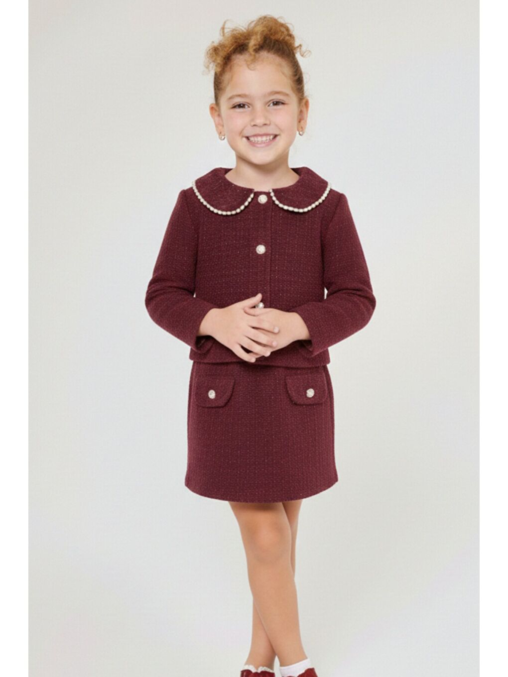 Bordo Kız Çocuk Bayramlık İnci Detaylı Tüvit Takım 12544-2