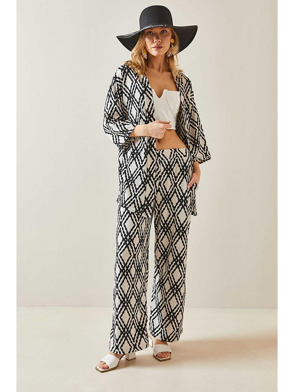 Siyah Etnik Desen Kimono Pantalon Takım