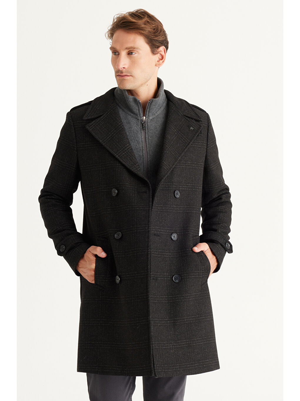 Erkek Siyah Standart Fit Normal Kesim Mono Yaka Desenli Palto-4