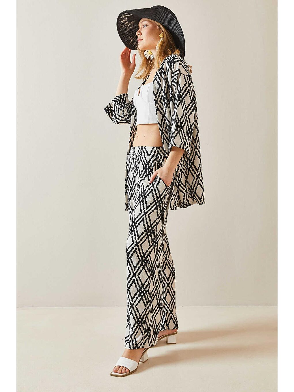 Siyah Etnik Desen Kimono Pantalon Takım-1