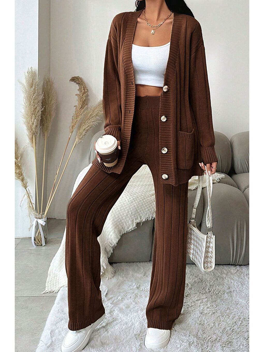 Kahverengi Kadın Ön Düğmeli Kendinden Çizgi Desenli Triko Hırka Pantolon İkili Takım-5