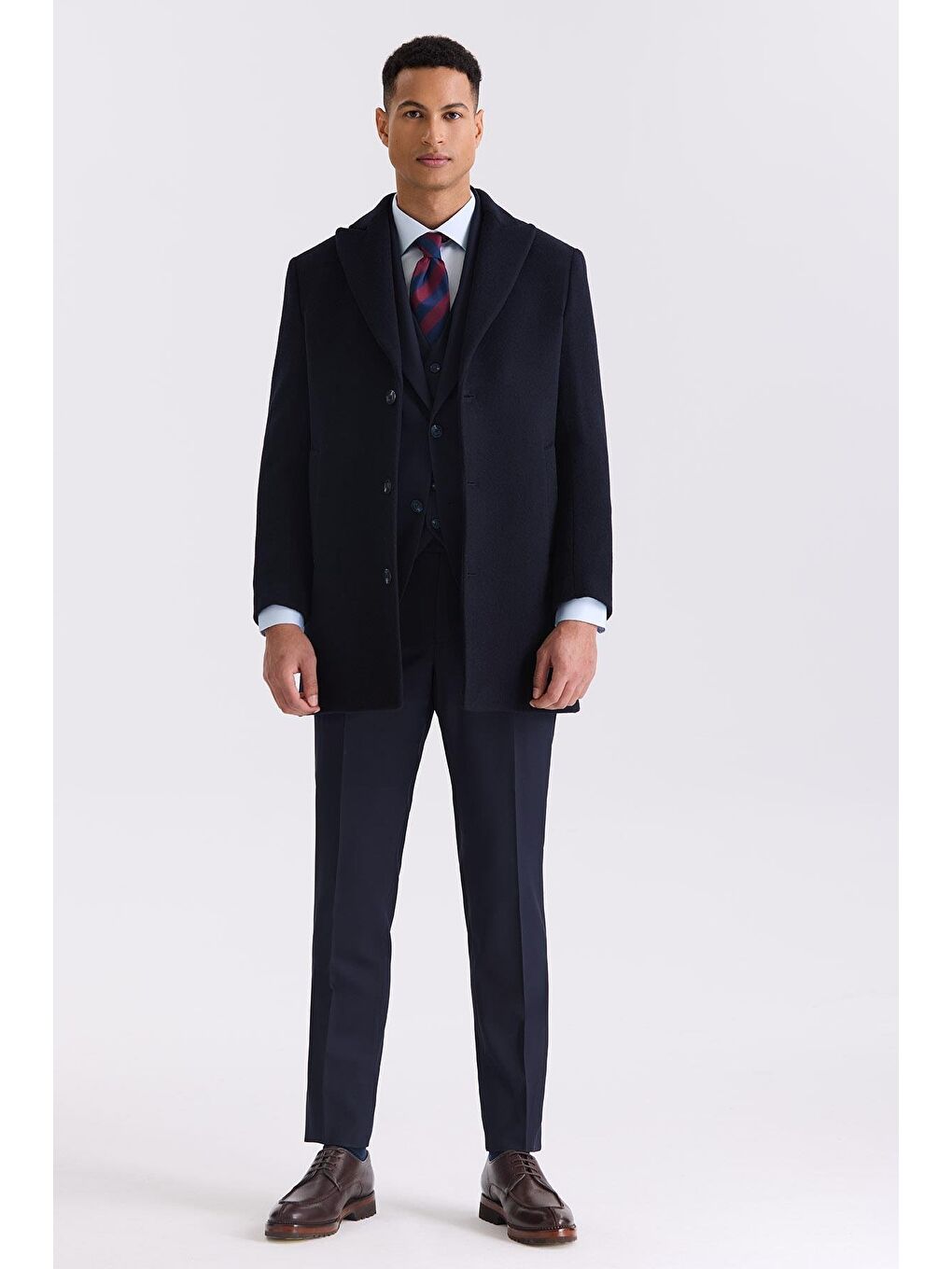 Koyu Lacivert Regular Fit Sivri Yaka Yan Cep Yünlü Kaşe Kaban-1