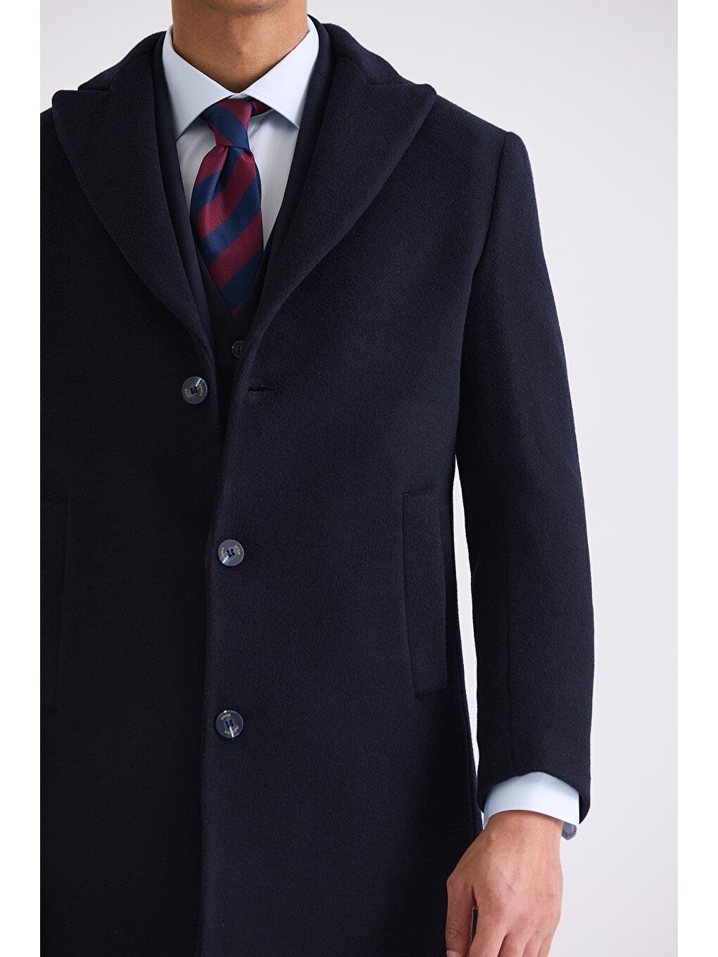Koyu Lacivert Regular Fit Sivri Yaka Yan Cep Yünlü Kaşe Kaban-2