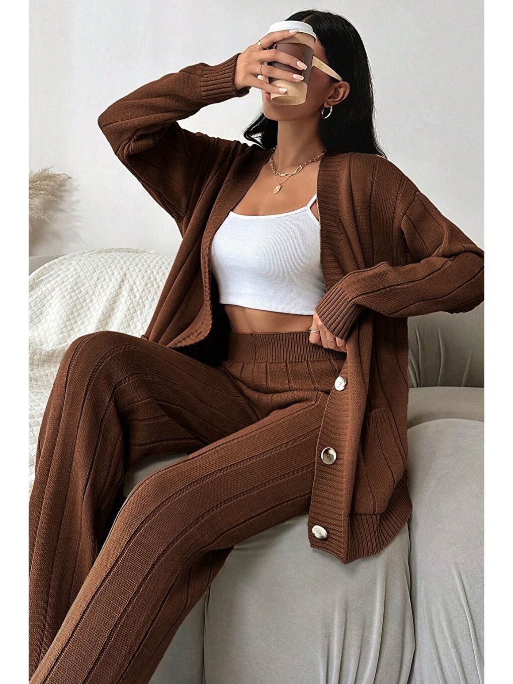 Kahverengi Kadın Ön Düğmeli Kendinden Çizgi Desenli Triko Hırka Pantolon İkili Takım-7