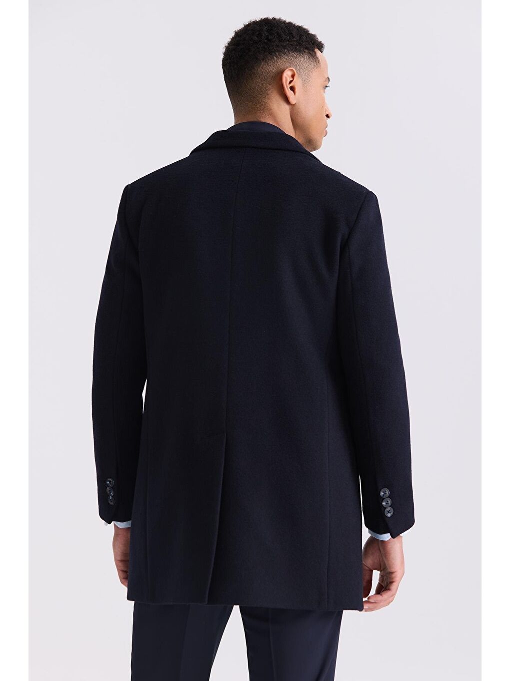 Koyu Lacivert Regular Fit Sivri Yaka Yan Cep Yünlü Kaşe Kaban-3