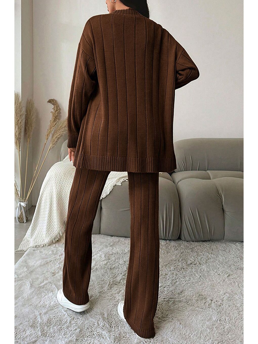 Kahverengi Kadın Ön Düğmeli Kendinden Çizgi Desenli Triko Hırka Pantolon İkili Takım-8