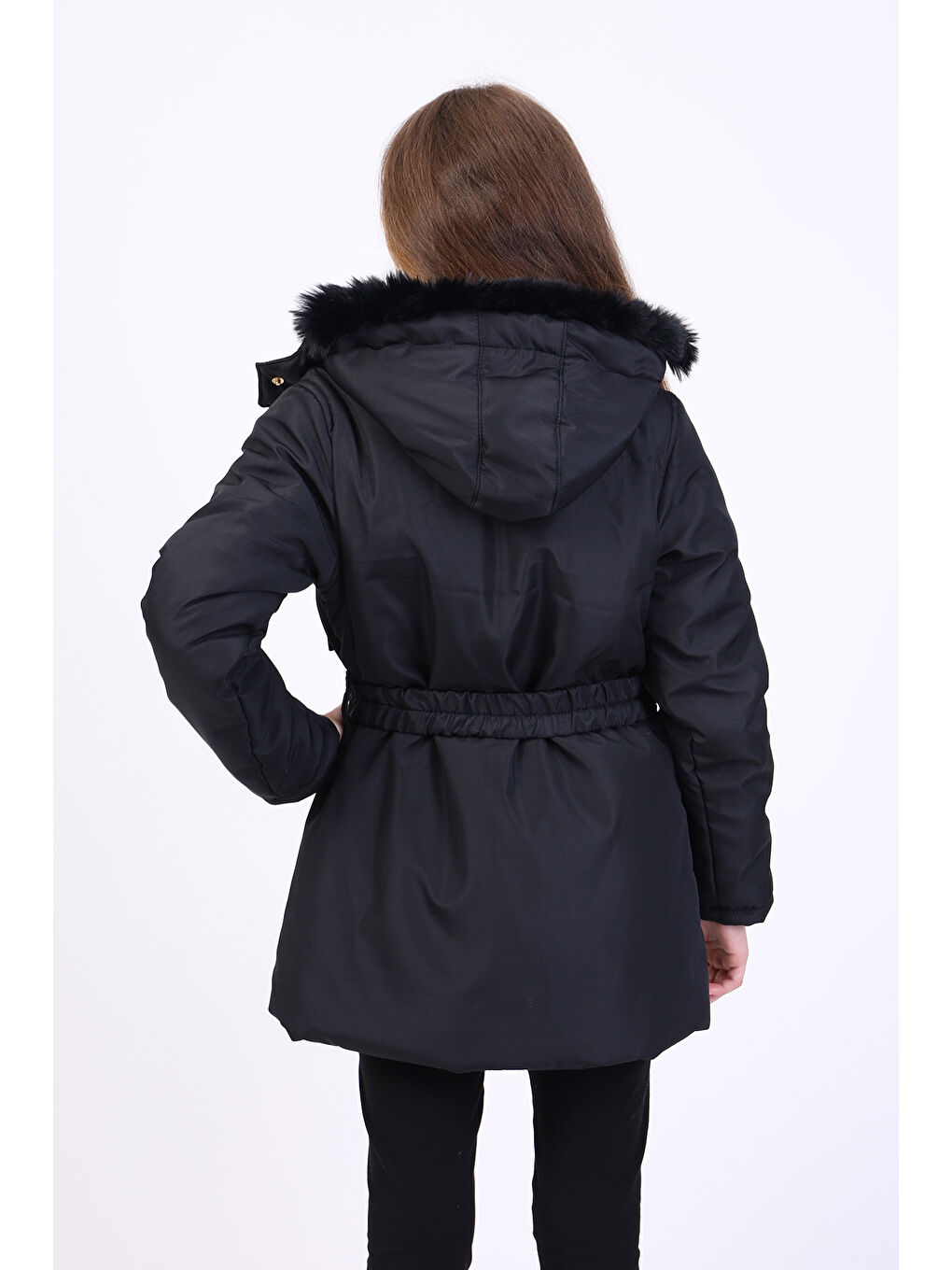 Siyah Kız Çocuk Kapüşonlu İçi Kürklü Mont-1