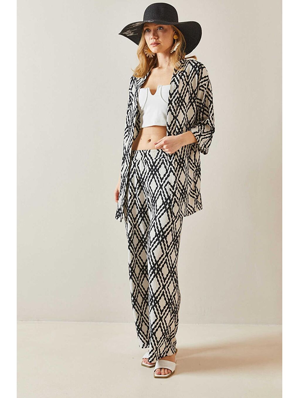 Siyah Etnik Desen Kimono Pantalon Takım-2