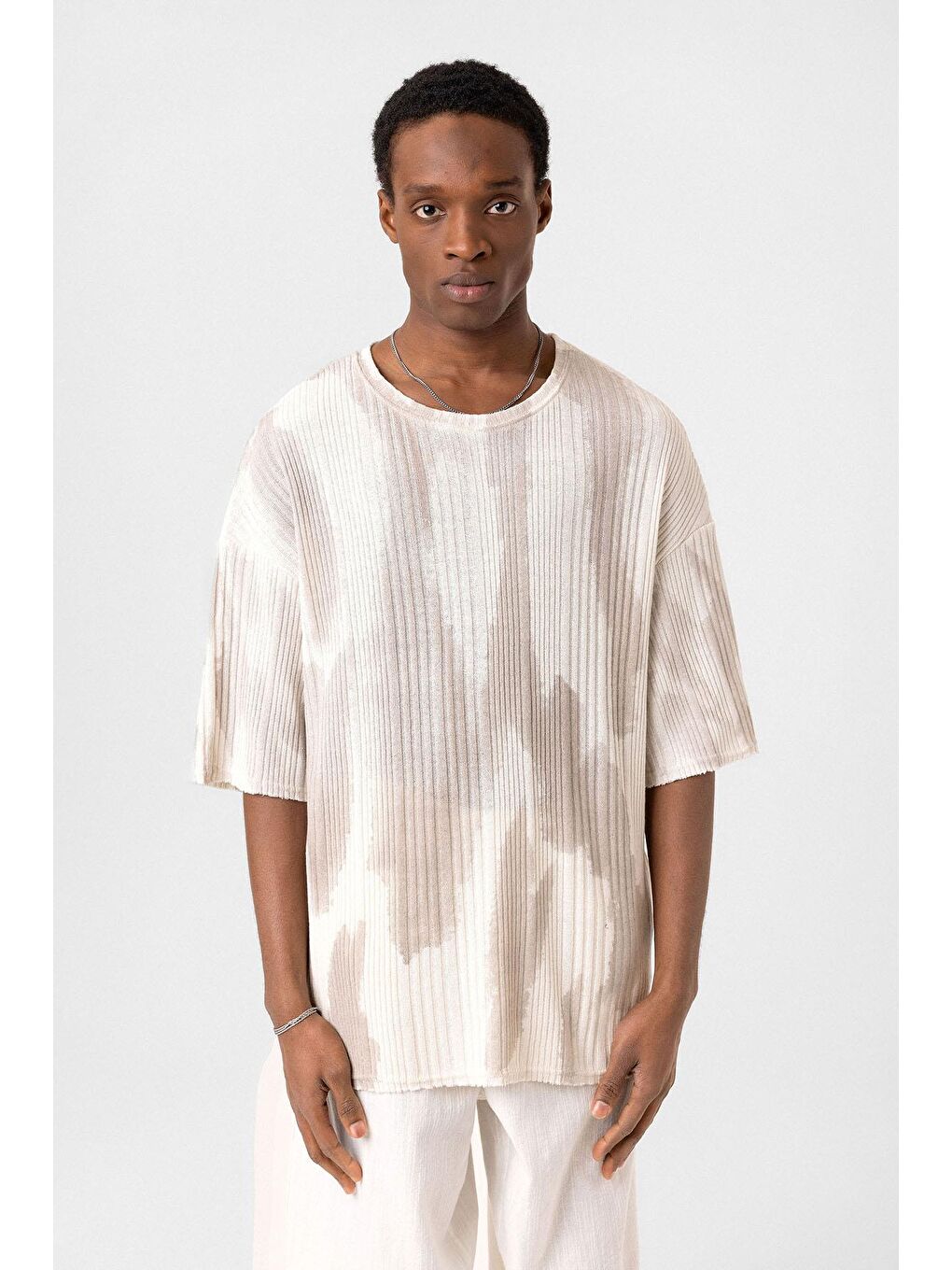 Bej Yıkamalı Oversize Triko Tişört Taş-2