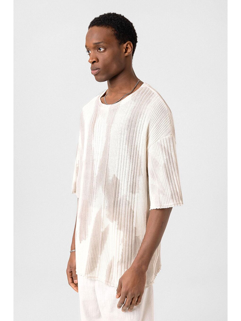 Bej Yıkamalı Oversize Triko Tişört Taş-3