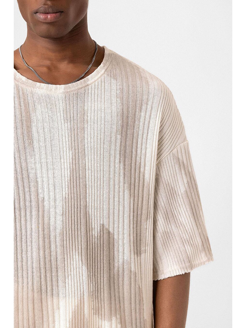 Bej Yıkamalı Oversize Triko Tişört Taş-5