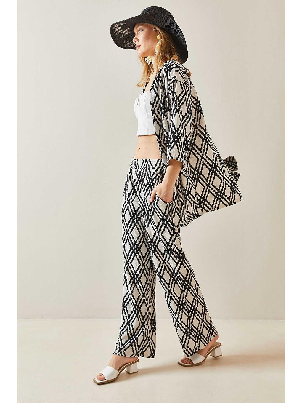 Siyah Etnik Desen Kimono Pantalon Takım-3