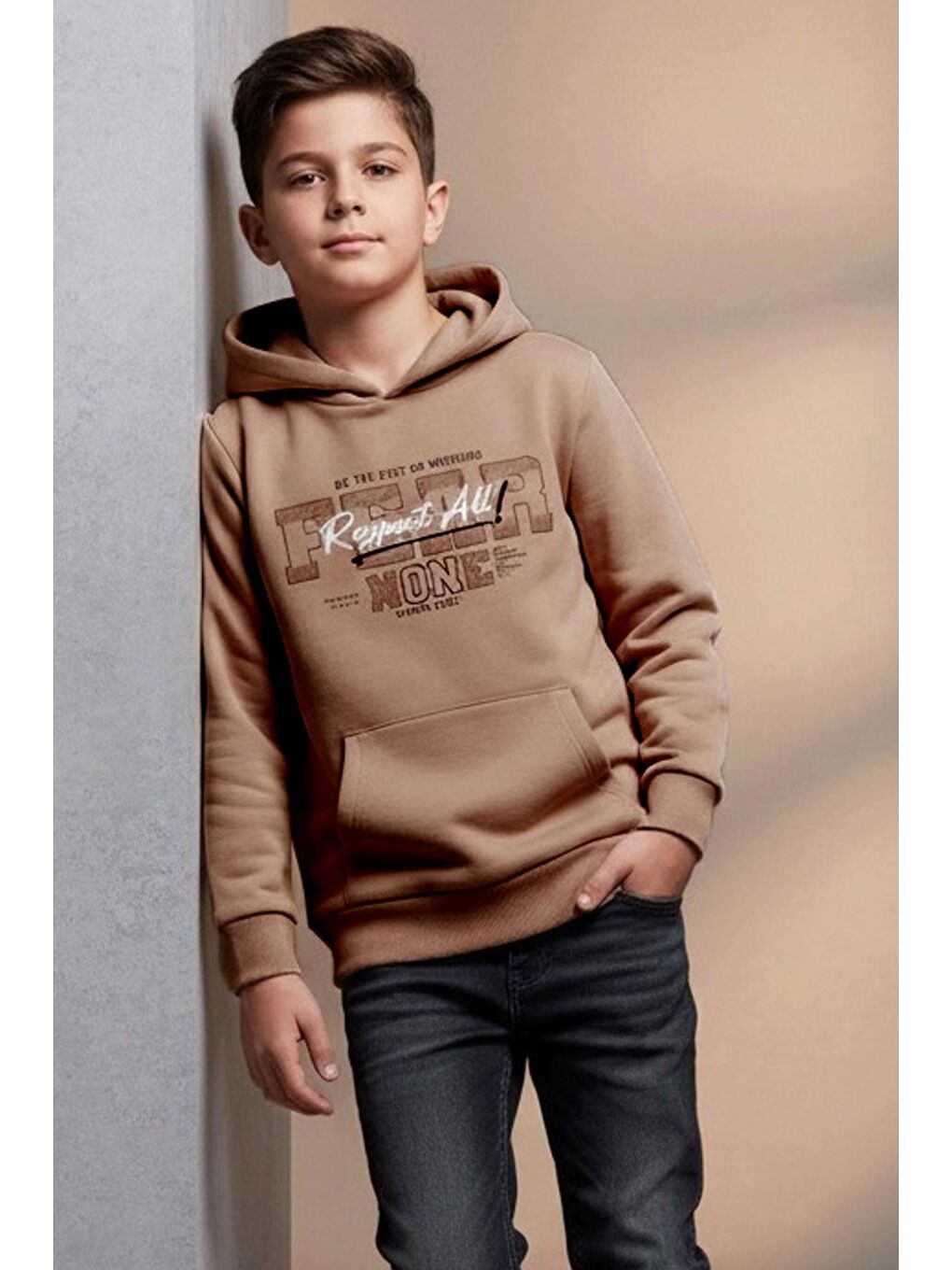 Kız Çocuk Pelüş Sweatshirt Kapüşonlu Kanguru Cepli Bej (10-14 Yaş)