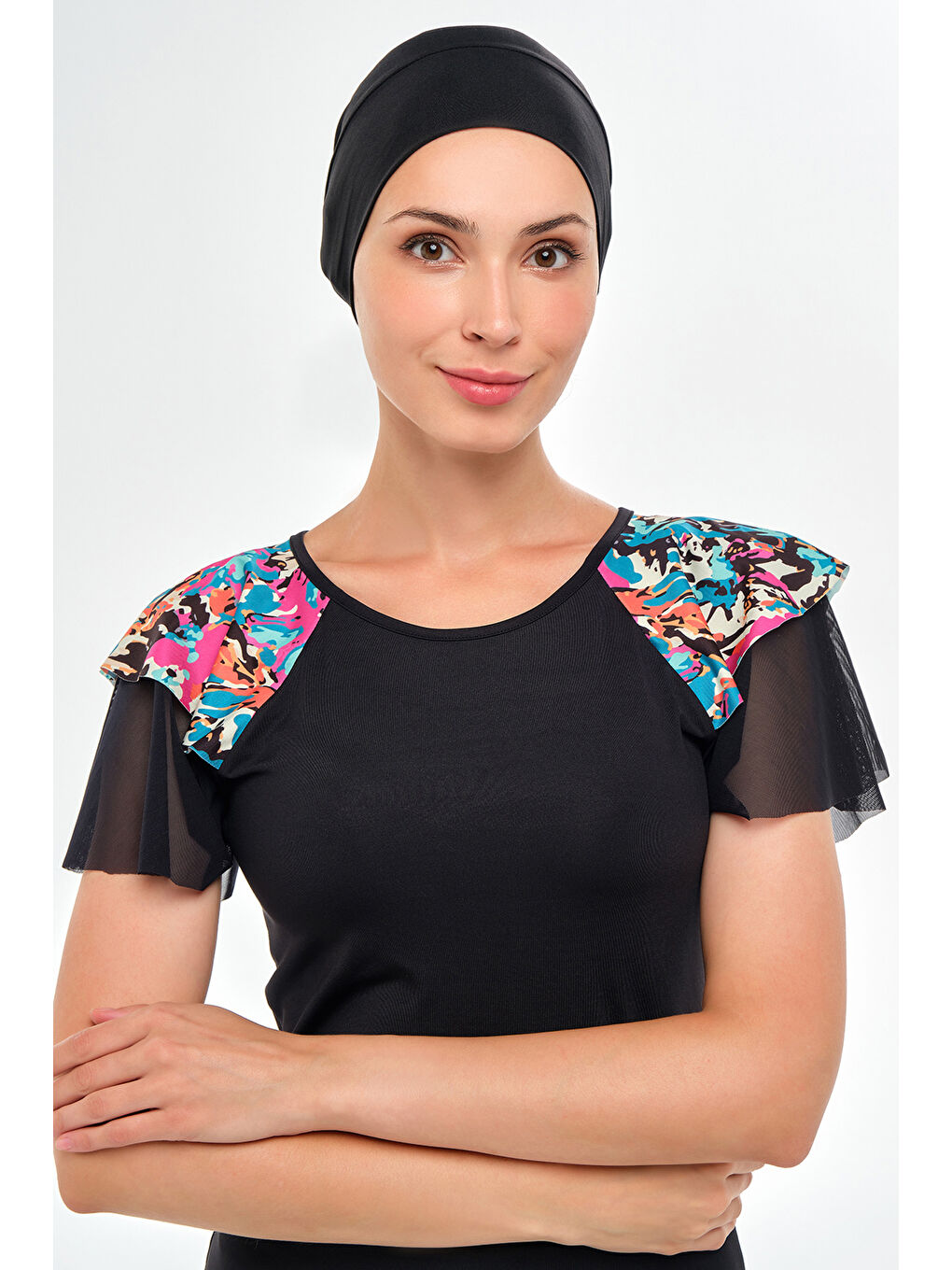 Kısa Kollu Taytlı Elastanlı Yarı Kapalı Mayo 2604 Siyah-1