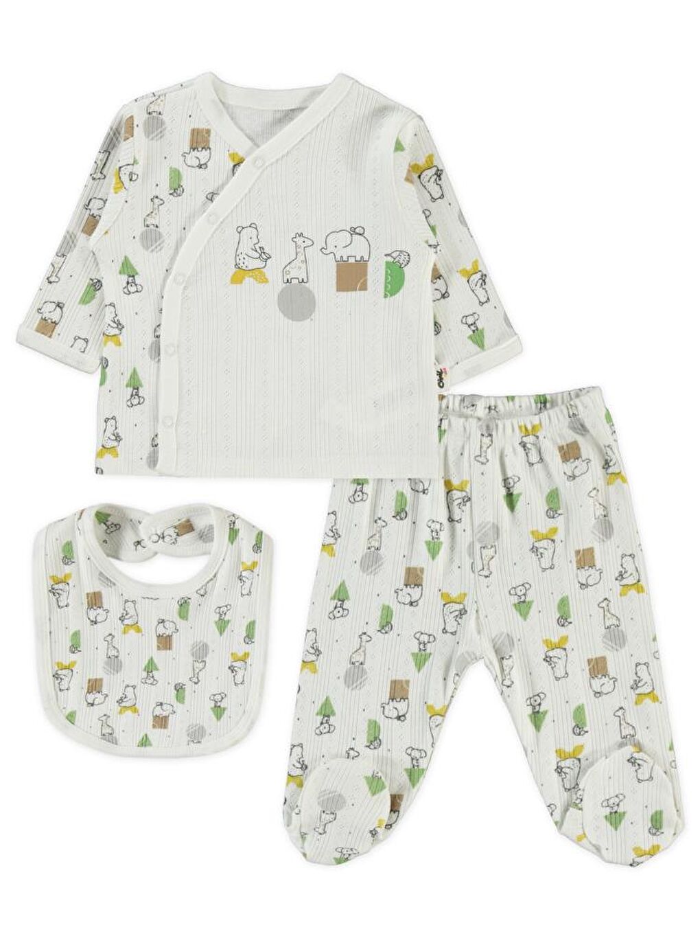 Ekru Baby Sevimli Geometrik Hayvanlar Emp. Baskılı Zıbın Takımları-1