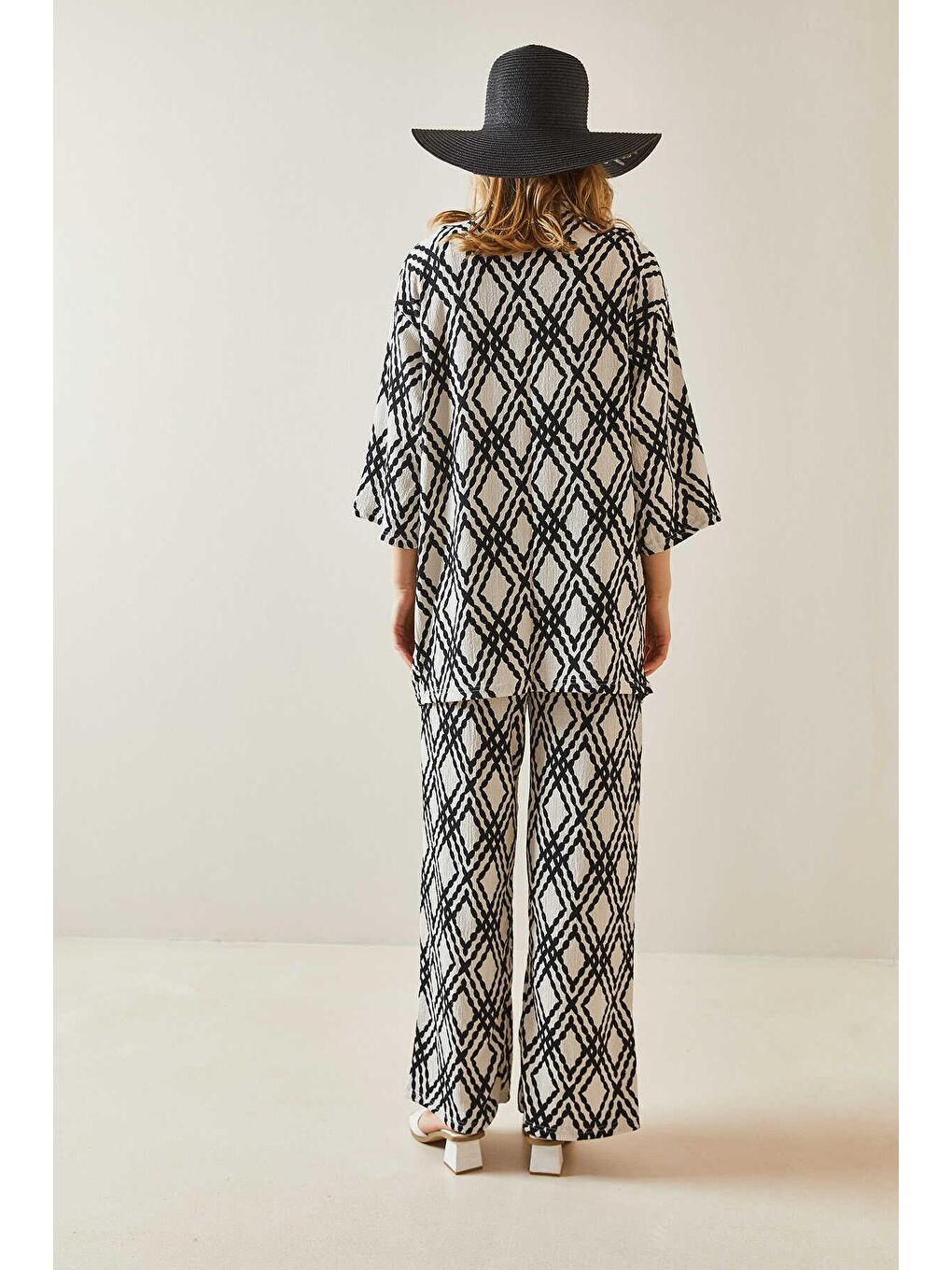 Siyah Etnik Desen Kimono Pantalon Takım-4