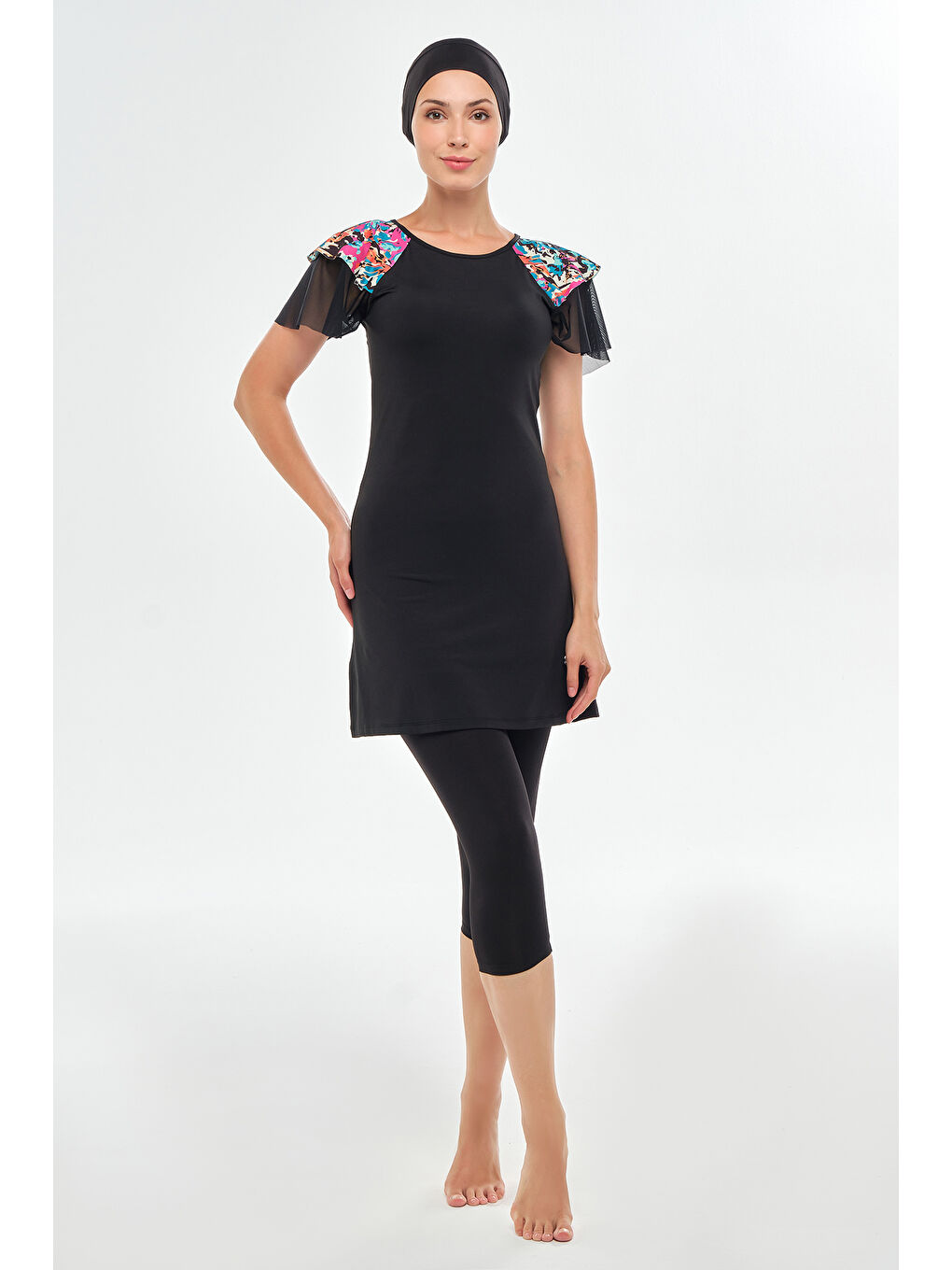 Kısa Kollu Taytlı Elastanlı Yarı Kapalı Mayo 2604 Siyah-2