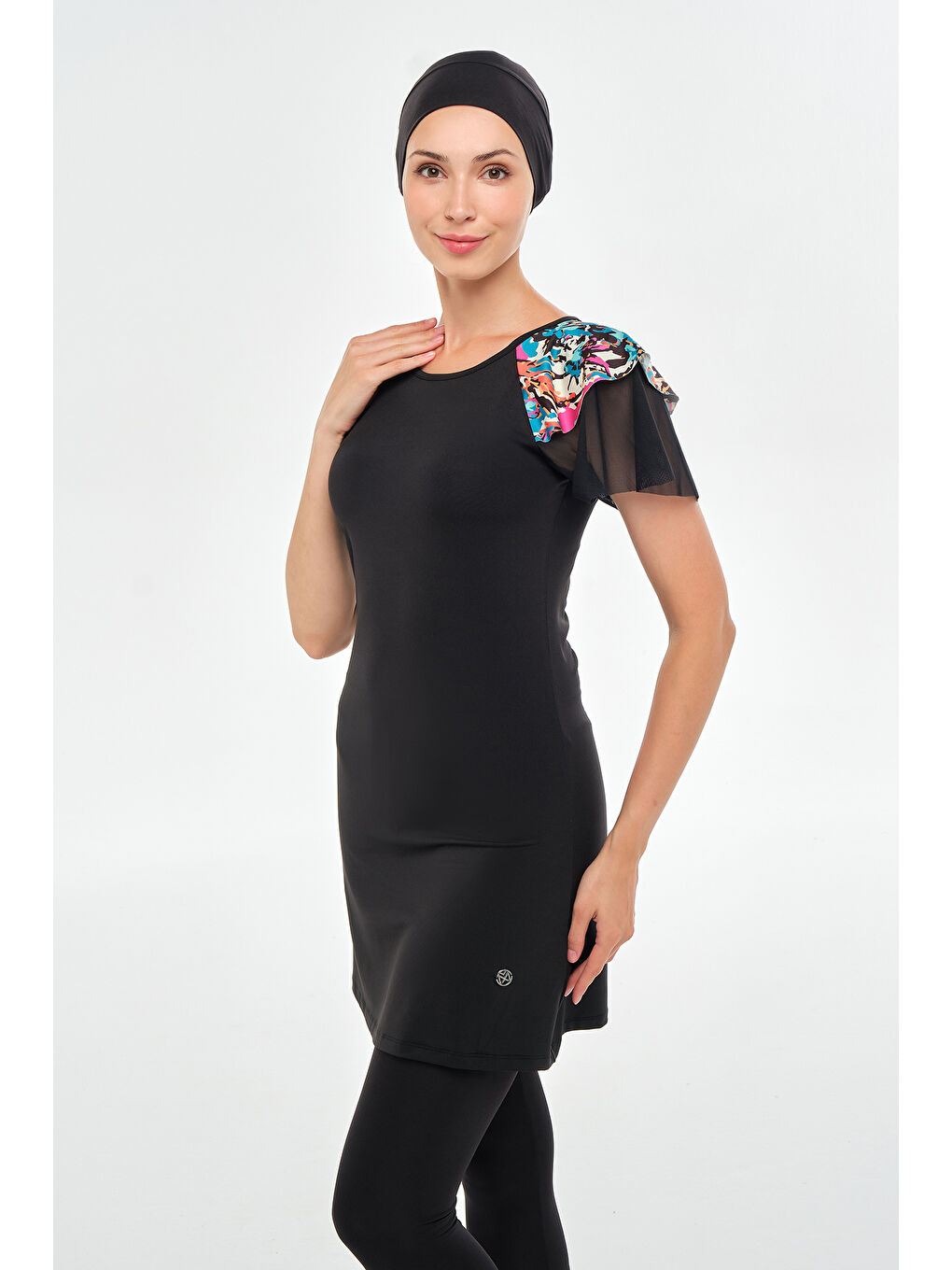 Kısa Kollu Taytlı Elastanlı Yarı Kapalı Mayo 2604 Siyah-3