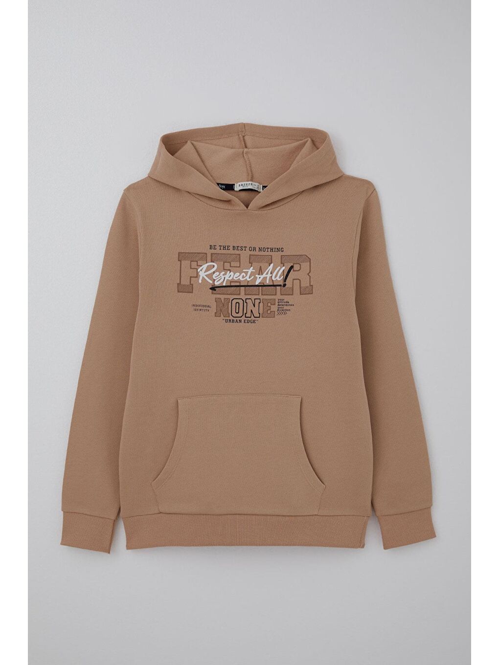 Kız Çocuk Pelüş Sweatshirt Kapüşonlu Kanguru Cepli Bej (10-14 Yaş)-1