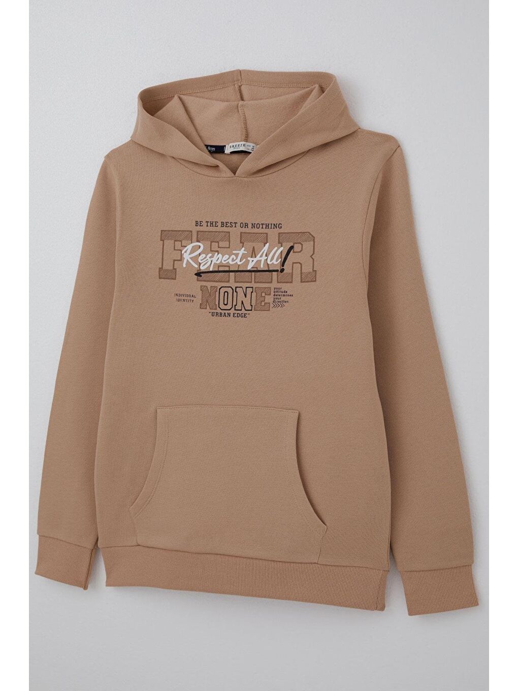 Kız Çocuk Pelüş Sweatshirt Kapüşonlu Kanguru Cepli Bej (10-14 Yaş)-3