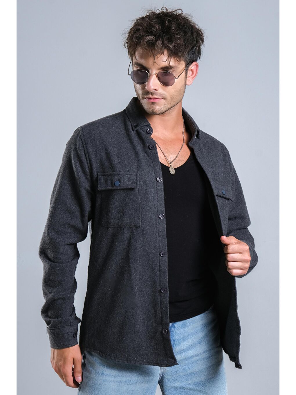 Antrasit Demir Düğmeli Kapaklı Kışlık Erkek Oduncu Gömlek MAR 4145
