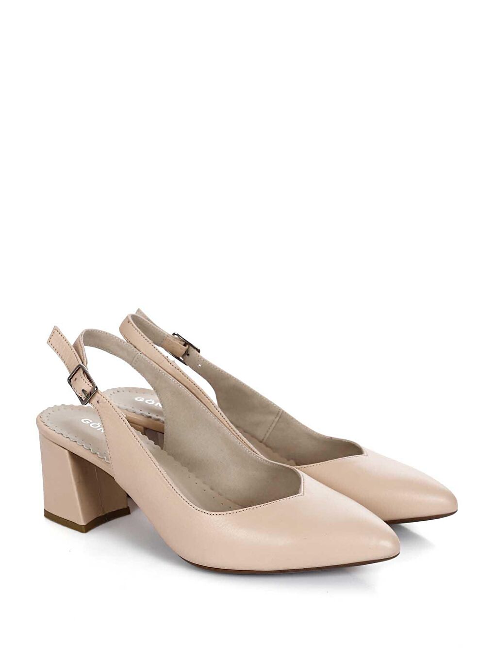 Bej TEN  Hakiki Deri Sivri Burun Orta Kalın Topuklu Arkası Açık Kadın Yazlık Ayakkabı 24118-4