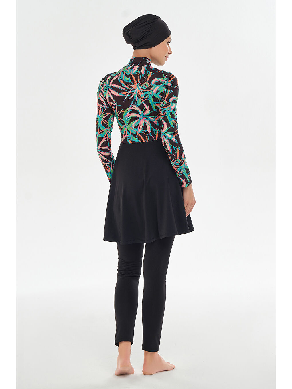 Elastanlı Tam Kapalı Tesettür Mayo Yarım Desenli 2106 Siyah-2