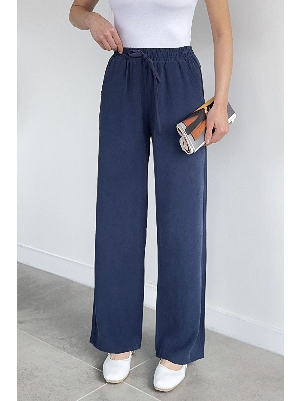 Lacivert Kadın Bel Lastikli Yüksek Bel Palazzo Pantolon-1