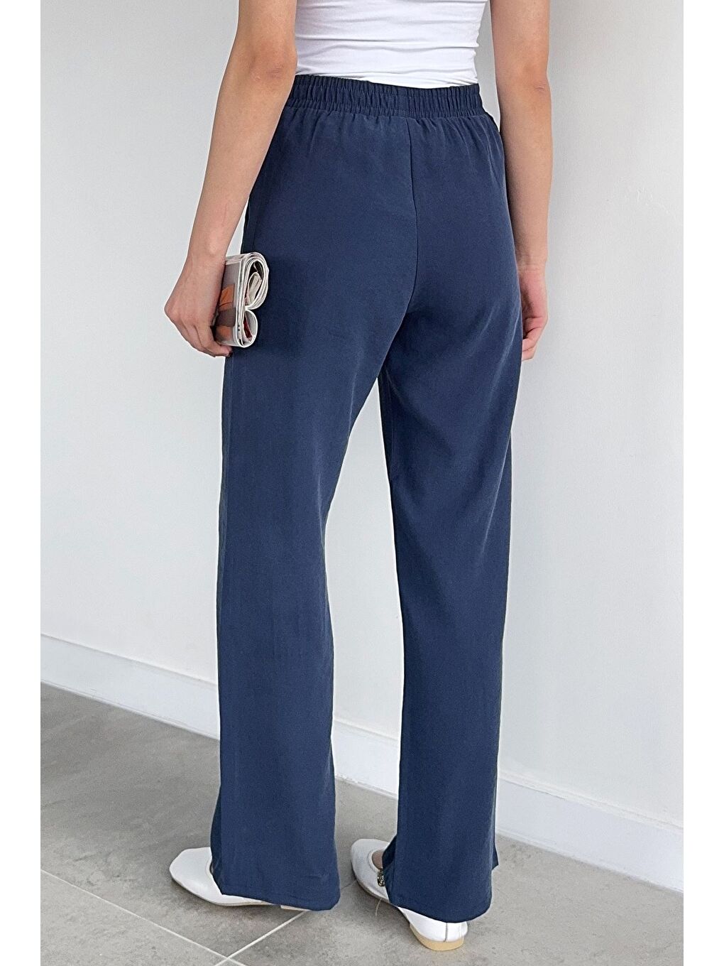 Lacivert Kadın Bel Lastikli Yüksek Bel Palazzo Pantolon-3