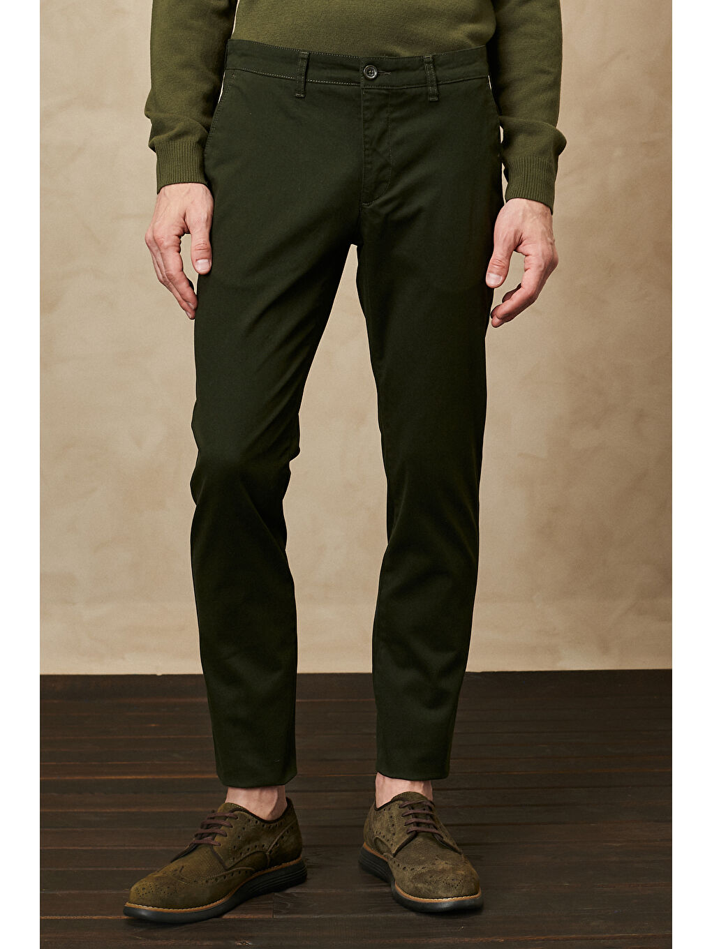 Erkek Haki Slim Fit Dar Kesim Esnek Chino Pantolon