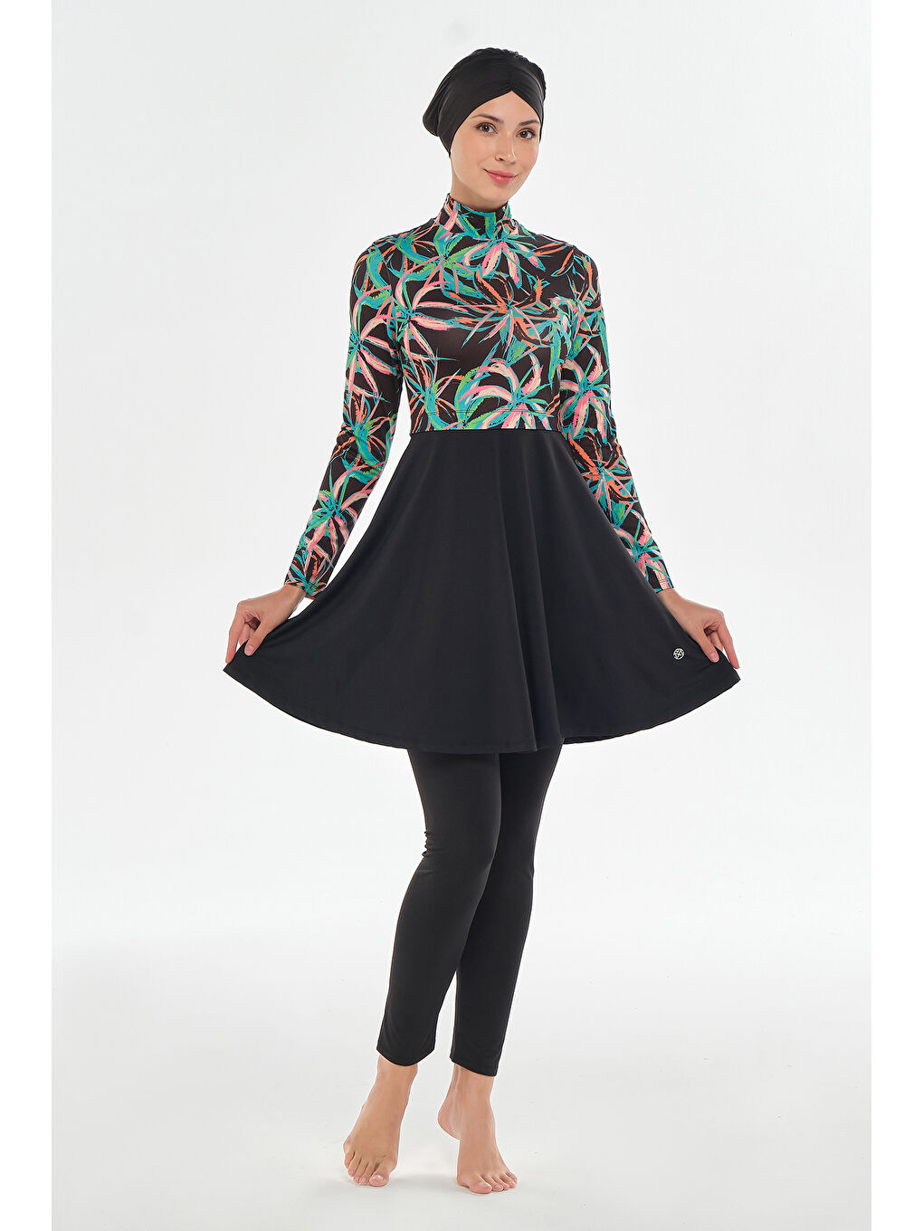 Elastanlı Tam Kapalı Tesettür Mayo Yarım Desenli 2106 Siyah-4