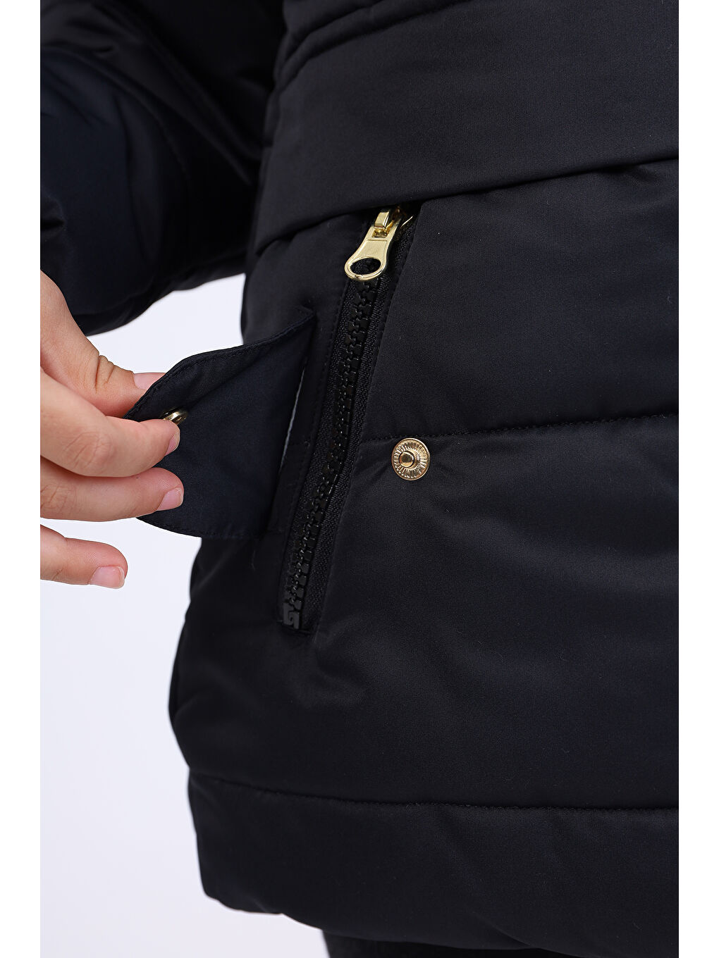 Siyah Kız Çocuk Kapüşonlu İçi Kürklü Mont-4