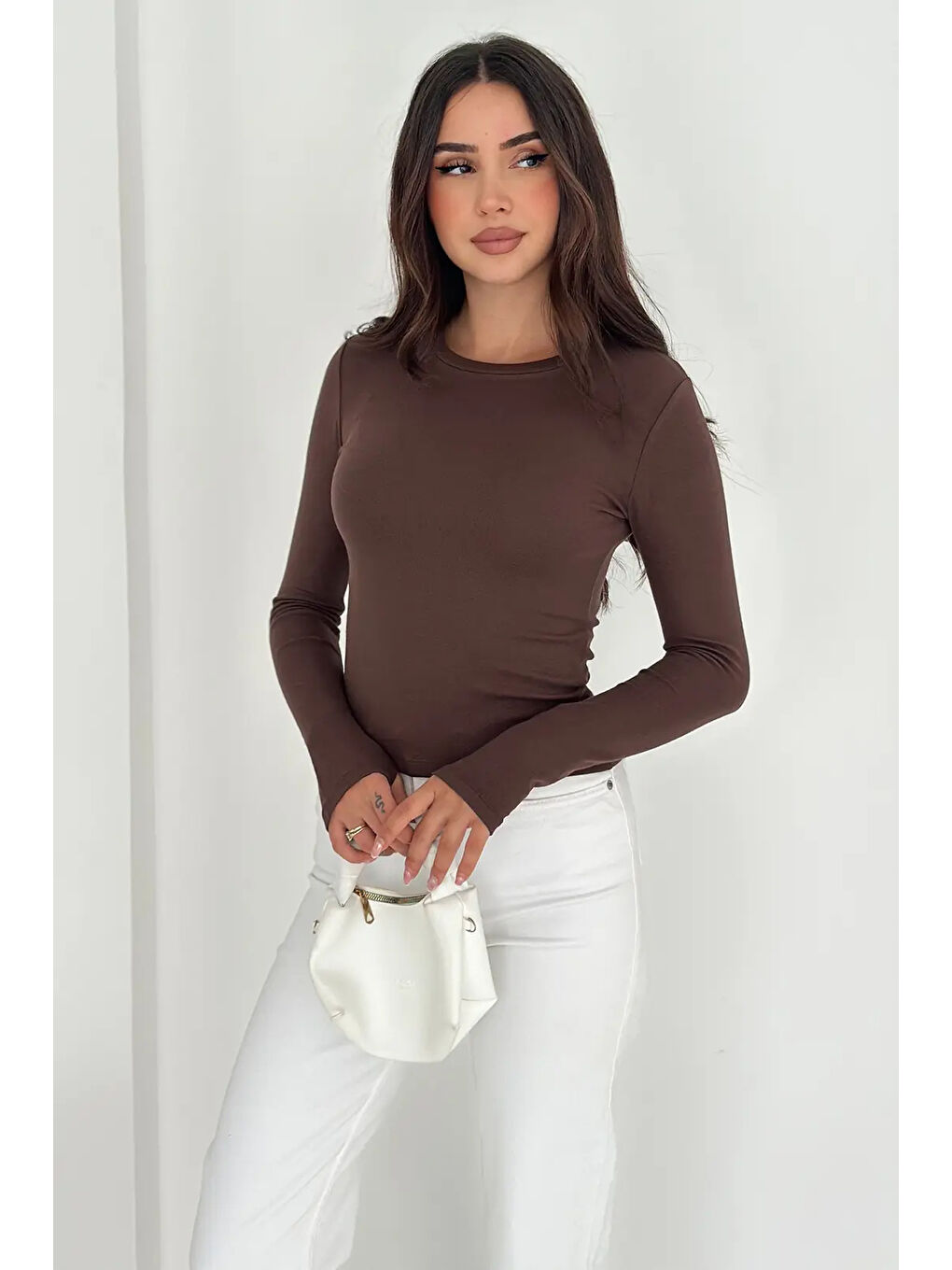 Kahverengi Kadın Parmak Geçmeli Uzun Kollu Bluz – Vücuda Oturan & Astarsız-2
